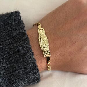 14k gold plated gold virgin mary cuban link figaro bracelet
